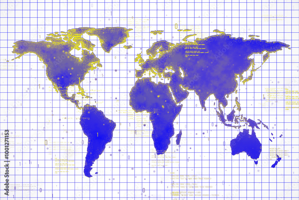 Aufkleber World Map with Digital Grid and Data Points. 3D Rendering
