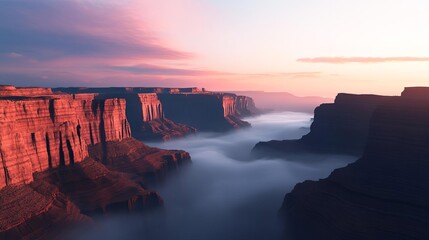 Misty canyon with drifting fog, rock formations glowing in warm evening light, 3D illustration