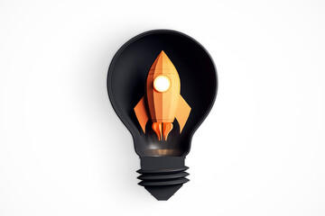 Rocket inside a lightbulb symbolizing innovation and creativity. 3D Rendering