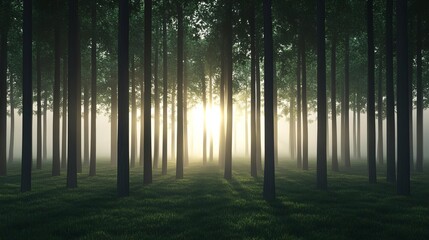 Fototapeta premium Misty forest with drifting fog, sunlight piercing through trees, 3D illustration