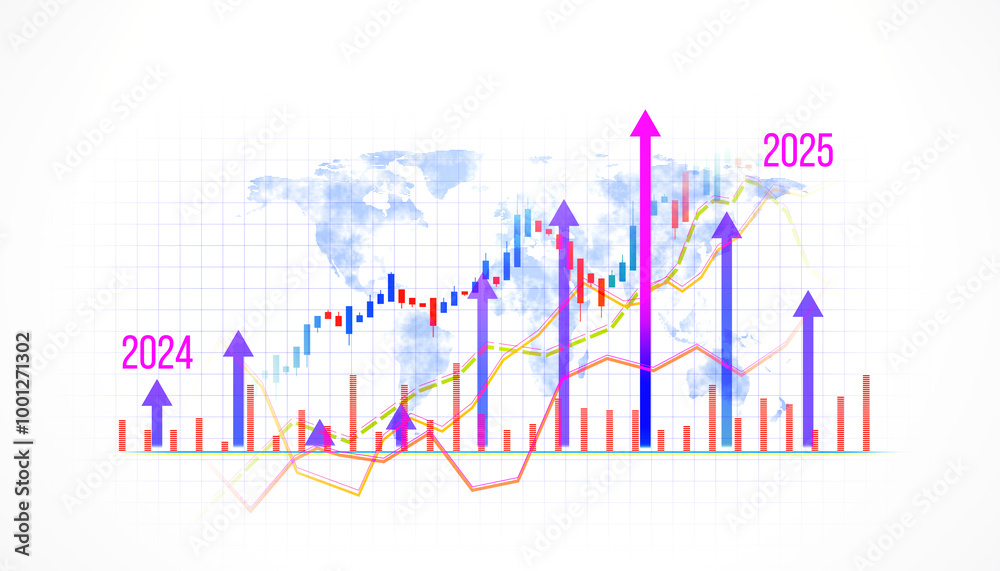 Aufkleber financial data analysis with growth arrows and global map. 3d rendering