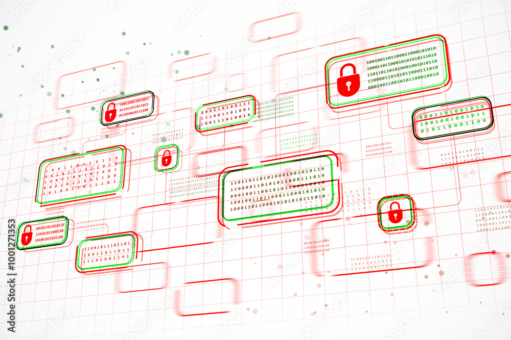 Poster Abstract digital security concept with binary code and padlock icons. 3D Rendering