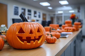 Corporate Halloween celebration in an IT office setting, featuring employees in costumes, decorations, and a festive atmosphere. 
