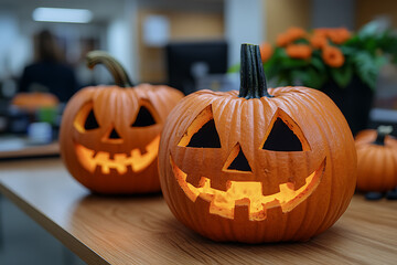Fototapeta premium Corporate Halloween celebration in an IT office setting, featuring employees in costumes, decorations, and a festive atmosphere. 