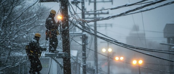 Electricians Repairing Power Lines in Snowy Conditions