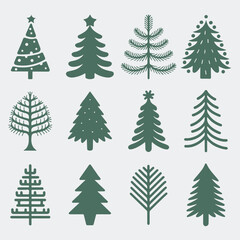 Set of Christmas tree with ornaments vector illustration, Holiday icons, Simple flat festive chiasmas tree collection Pine tree