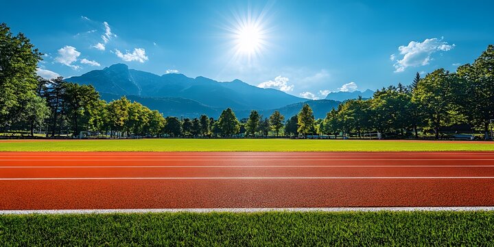 Sunlit outdoor running track features vibrant orange lanes and lush green grass, accompanied by a clear blue sky and mountains, capturing a crisp, wide-angle sports facility view.