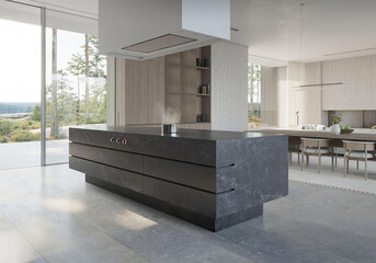 Modern luxury kitchen interior in minimal scandinavian style, 3d render