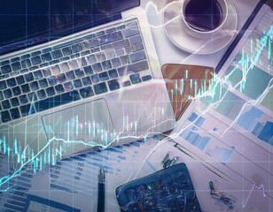 Multi exposure of forex chart drawing over table background with computer. Concept of financial research and analysis. Top view.