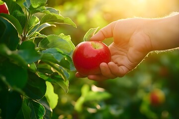 A hand reaches for a ripe red apple in an orchard, with sunlight filtering through lush green leaves.
