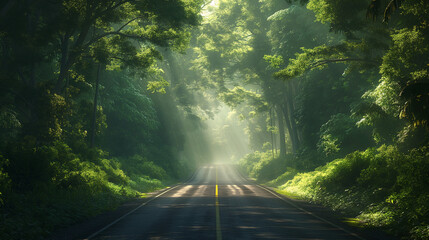 Fototapeta premium Scenic Forest Road at Sunrise with Lush Green Trees and Sunlight – Tranquil Nature Landscape