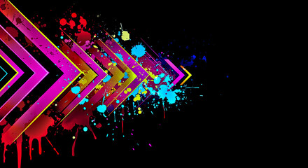 Abstract background with arrows, color strokes and splatters on dark background.