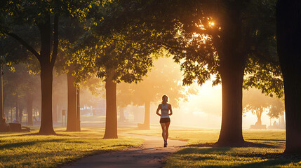 Fototapeta premium Woman jogging through a park at sunrise.