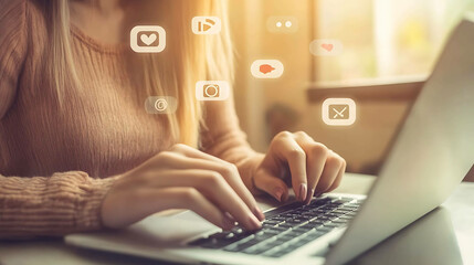 Close up of female hands typing on a laptop computer with social media icons hovering above.