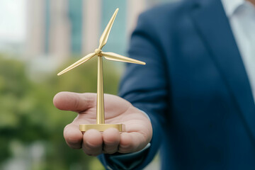 Businessman holding a gold trophy of wind turbine, representing renewable energy and sustainability award. Doing business with a focus on sustainability and social responsibility concept.
