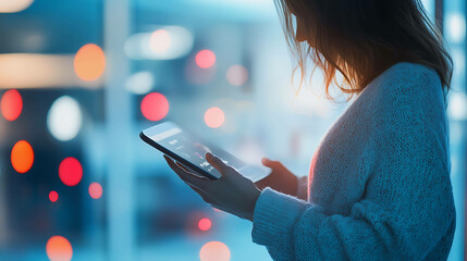 A young woman in a sweater uses a tablet with a blurred city lights background.