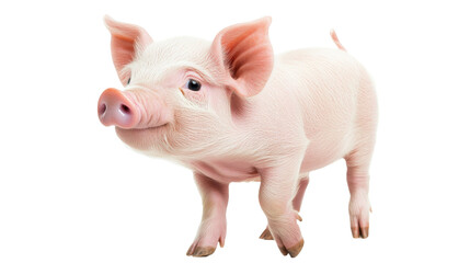 A piglet with a wide stance, playfully sniffing the air, centered on a white background, ideal for farm and animal care stock images.