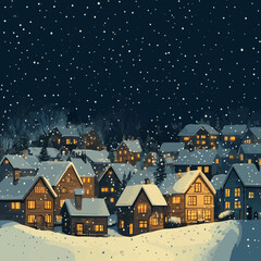 Vector art of a snowy village with lights glowing from the windows and snow falling.
