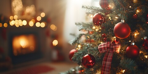 Christmas tree adorned with red ornaments and plaid ribbon amidst soft bokeh lights in a cozy interior, capturing a warm holiday ambiance with inviting textures and details.