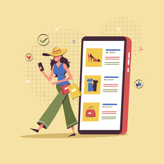online shopping illustration. girl shopping online via smartphone, happy with shopping experience