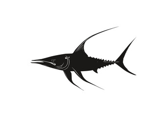 Vector of a swordfish swimming swiftly through water, silhouetted on a white background.