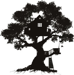 Vector of a treehouse nestled high in the branches of a large tree, in silhouette on a white background.