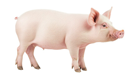 Pig standing in profile, looking to the right, fully isolated on transparency background PNG, smooth skin texture, stock photo style