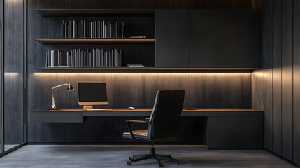 black minimalist office bookshelf The walls are wood and dark gray concrete.
furniture