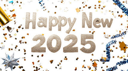 Silver and gold "Happy New Year 2025" text surrounded by confetti and streamers, isolated on transparency background PNG, ideal for stock images for greeting cards.