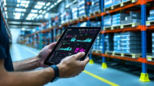 A close-up of a high-tech warehouse management system (WMS) interface on a tablet, with real-time inventory data and analytics, used by a manager on the warehouse floor