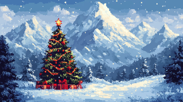 Pixel-style snowy mountain landscape with a decorated Christmas tree in the center.