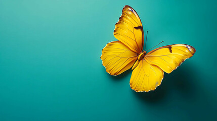 A yellow butterfly with brown markings rests on a turquoise background.