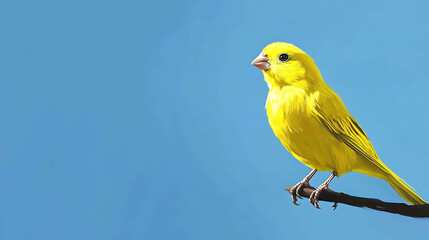 A yellow canary perches on a branch against a bright blue sky.