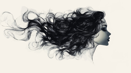 Silhouette of a woman&acirc;&euro;&trade;s profile with flowing hair forming intricate shapes, set against white.