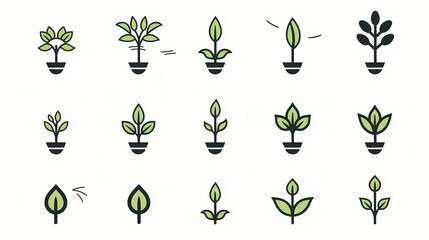 Fototapeta premium Minimalistic green potted plant icons on a white background for various uses.