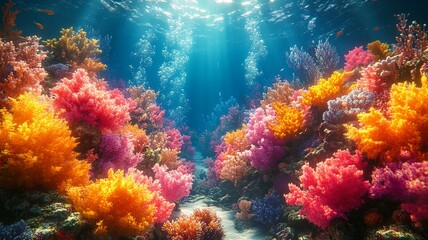 Fototapeta premium Sunlit Tropical Reef Landscape, colorful coral reef underwater landscape, coral reef underwater landscape scene, dreamy coral reef underwater landscape view, Dreamy Underwater Coral Scene