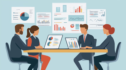 Team of business analysts working together around a table, reviewing data on laptops. Vector illustration.