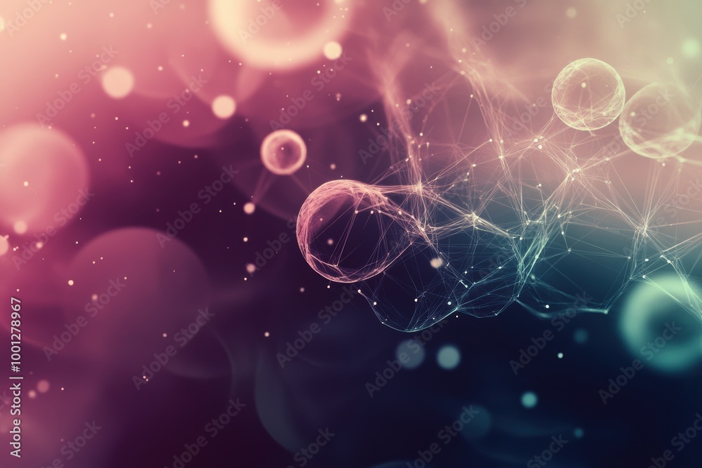 Poster Abstract representation of molecules and chemical structures against a colorful blurred background with light effects. Generative AI