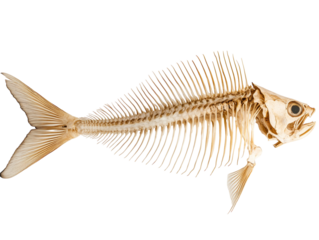 Fish skeleton with head and tail intact, showcasing the remains of a meal, on a white background. PNG transparent.