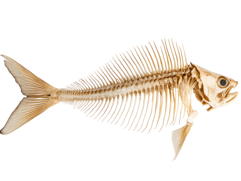 Fish skeleton with head and tail intact, showcasing the remains of a meal, on a white background. PNG transparent.