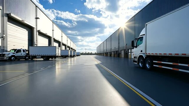 A sleek loading dock with multiple delivery trucks backed up to the warehouse, ready for efficient loading and unloading of goods