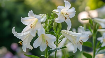 Fototapeta premium Elegant White Lilies Blossoming in the Lush Garden
