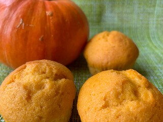 Autumn pumpkin muffins. Sweet and healthy dessert. Food made from organic products