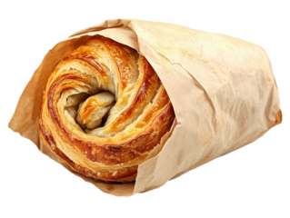 Spiral pastry partially wrapped in brown paper, isolated on a white background. PNG transparent.