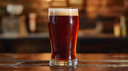 Amber Craft Beer Served in Glass on Wooden Bar Counter