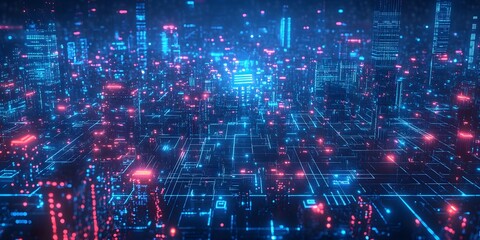 Fototapeta premium Futuristic cityscape at night is illuminated by glowing blue neon lights and digital network overlays, highlighting high-tech architecture and urban technology in a cyberpunk aesthetic.