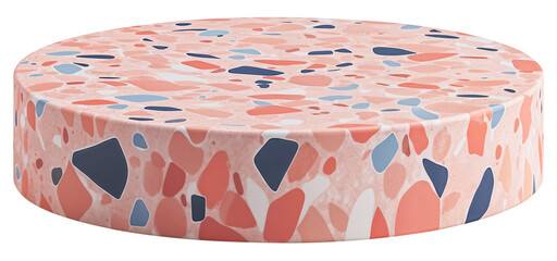 Pink coral and blue terrazzo pattern empty low round podium with smooth surface. Product display isolated on transparent background