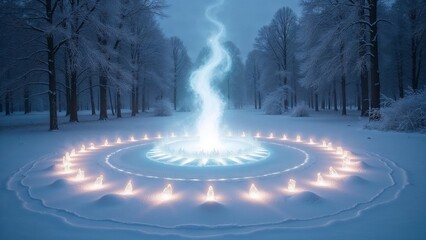 Mystical light circle in a snowy forest, serene atmosphere, enchanting winter scene