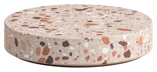 Beige terrazzo empty low circular podium with brown, white, and orange speckled surface. Product display isolated on transparent background.