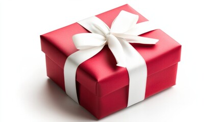 Fototapeta premium Bright red Valentine gift with a decorative white ribbon, isolated on a clean white background, representing love and affection.